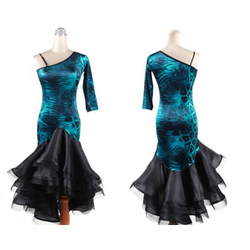 Leopard\black Turquoise Latin dance dress inclined shoulder stripes international competition Latin dance wear female square dance dress